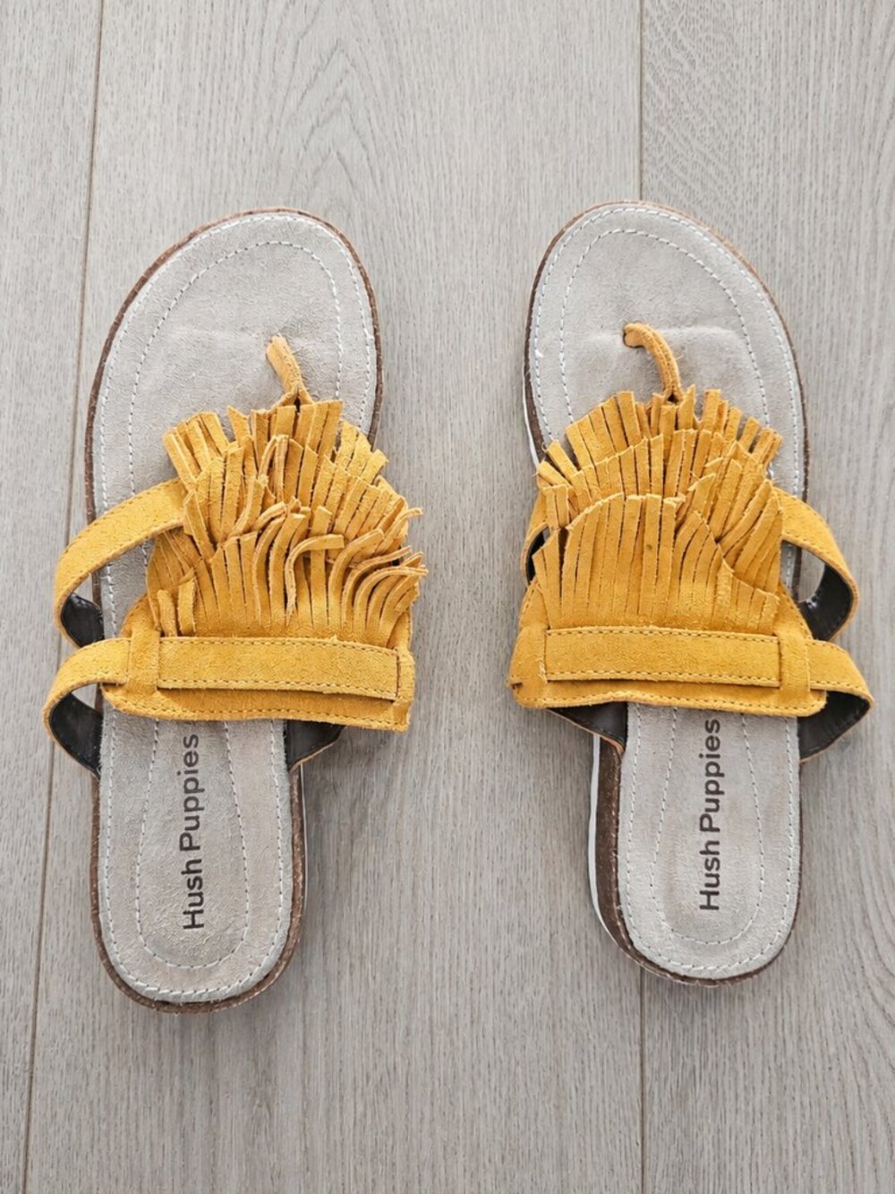 Hush Puppies Mustard Yellow Real Suede Fringe Slide Sandals Size 7.5
